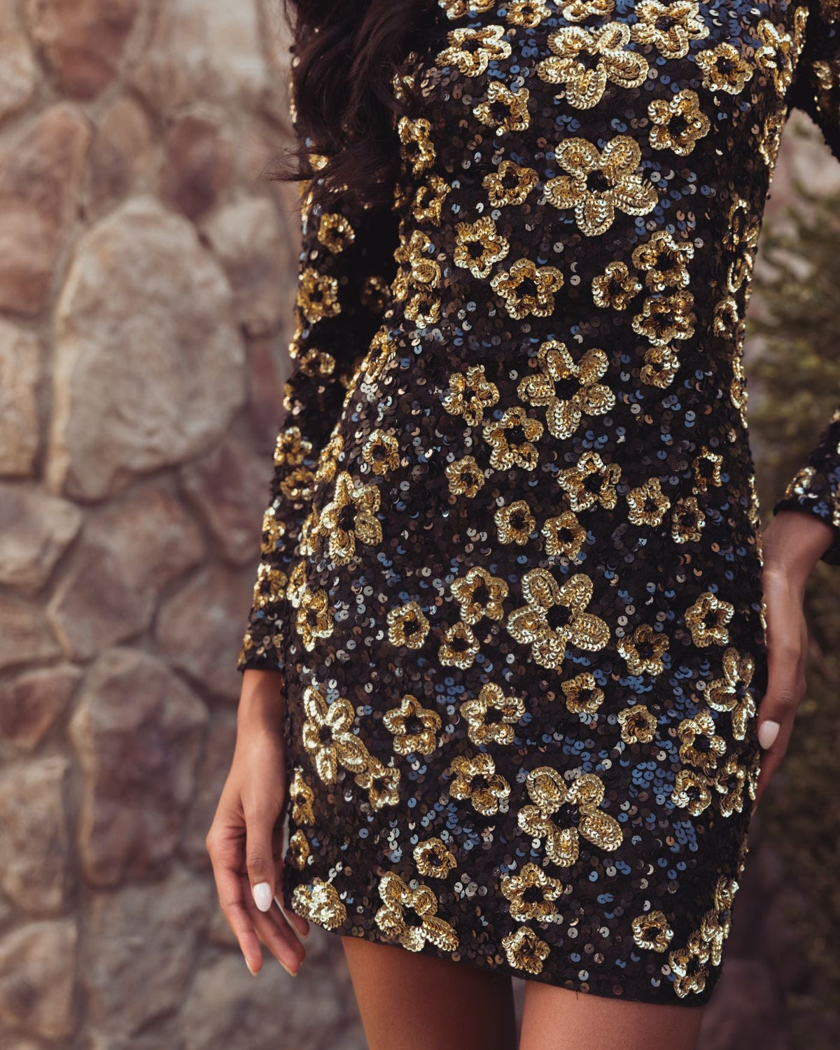 Mac Duggal #6211 black gold floral sequin mini dress lifestyle