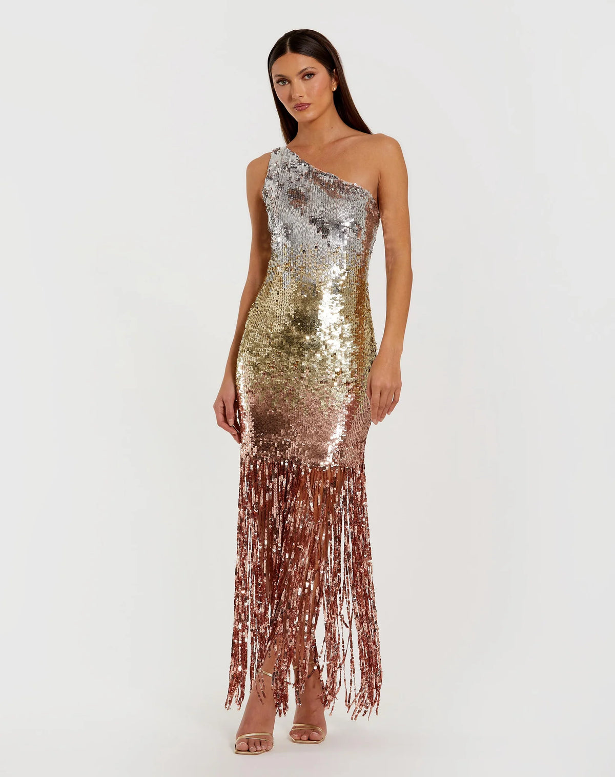 Mac Duggal Multicolor Ombre Sequin One Shoulder Fringe Dress #6212