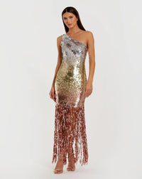 Mac Duggal Multicolor Ombre Sequin One Shoulder Fringe Dress #6212