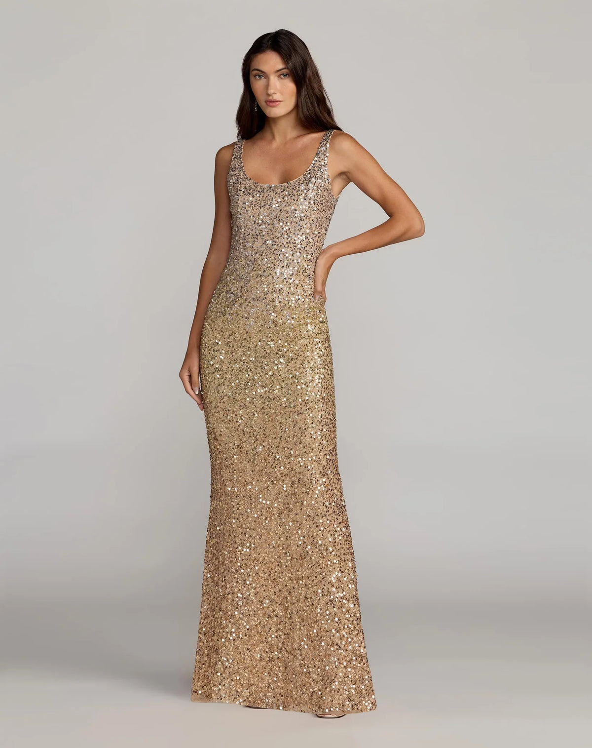 Mac Duggal #6219 Sleeveless Scoop Neck Beaded Column Gown Gold