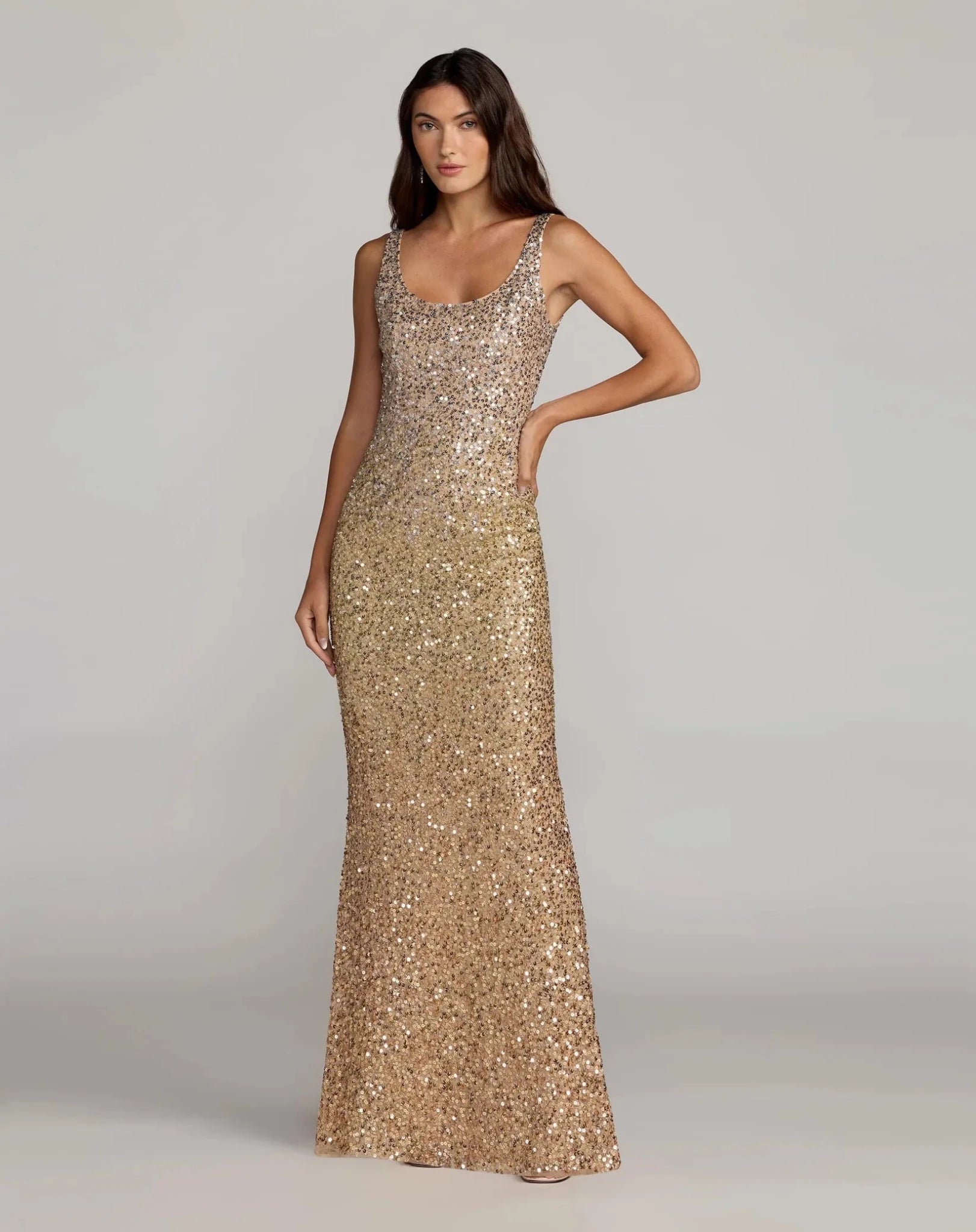 Mac Duggal #6219 Sleeveless Scoop Neck Beaded Column Gown Gold