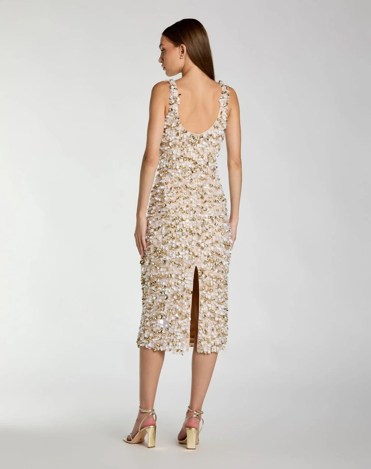 Mac Duggal Beige Sleeveless Paillette Embellished Fitted Midi Dress #6224 Oyster