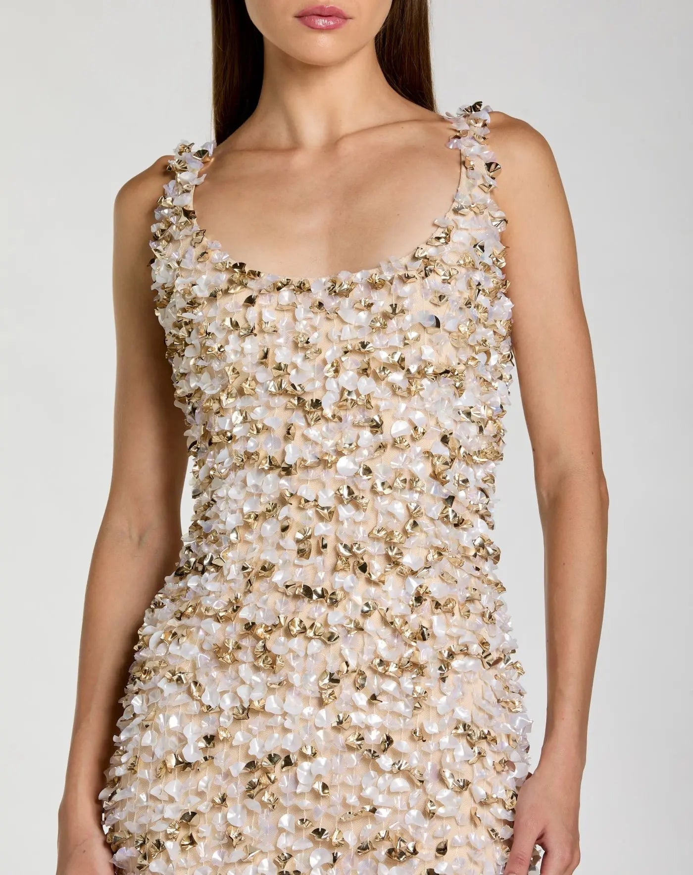 Mac Duggal Beige Sleeveless Paillette Embellished Fitted Midi Dress #6224 Oyster