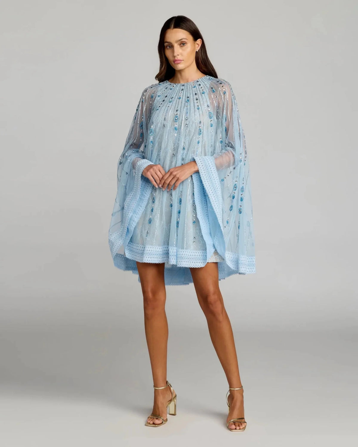 Powder Blue Nude Hand Beaded Lace Trapeze A Line Mini Dress