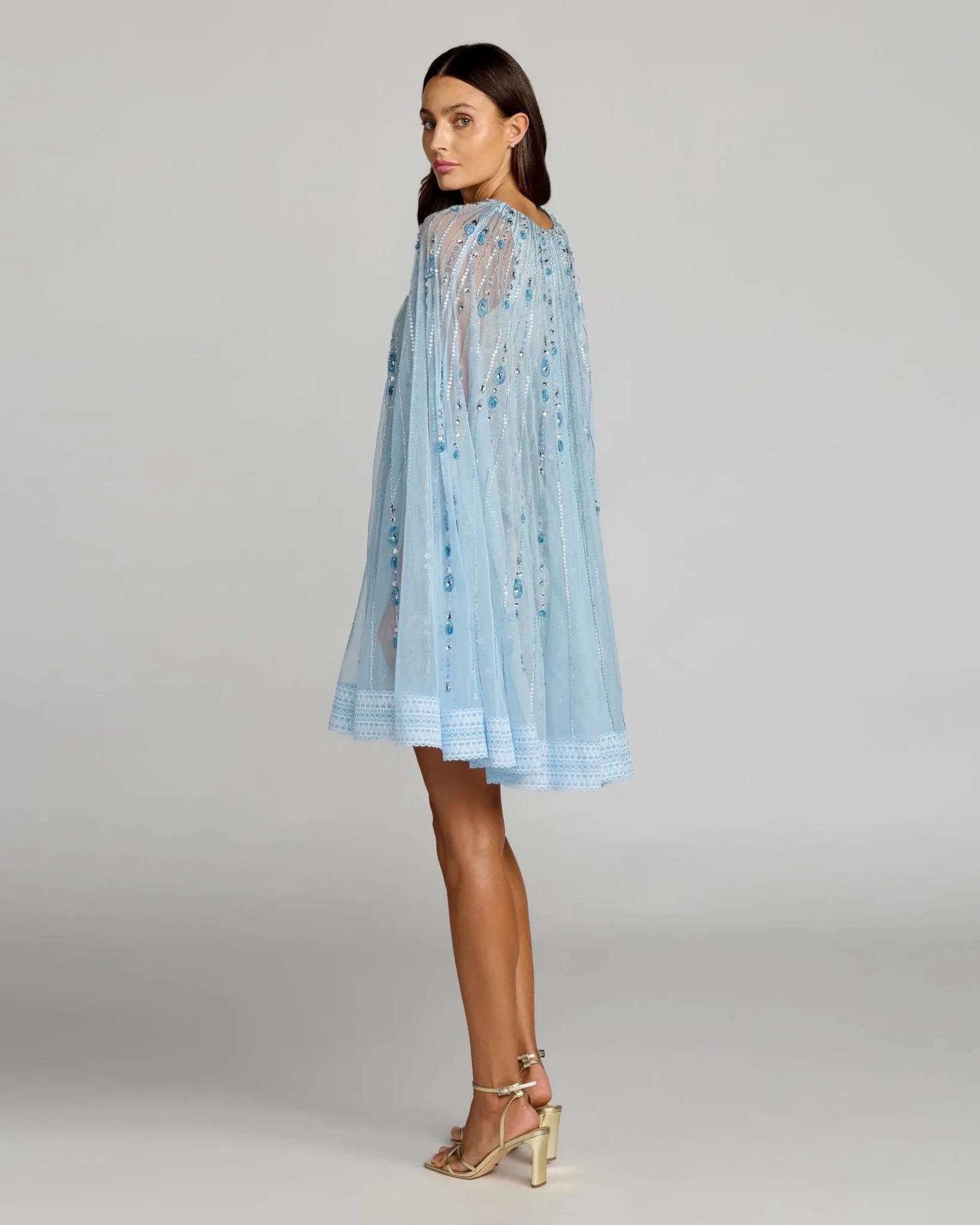 Powder Blue Nude Hand Beaded Lace Trapeze A Line Mini Dress