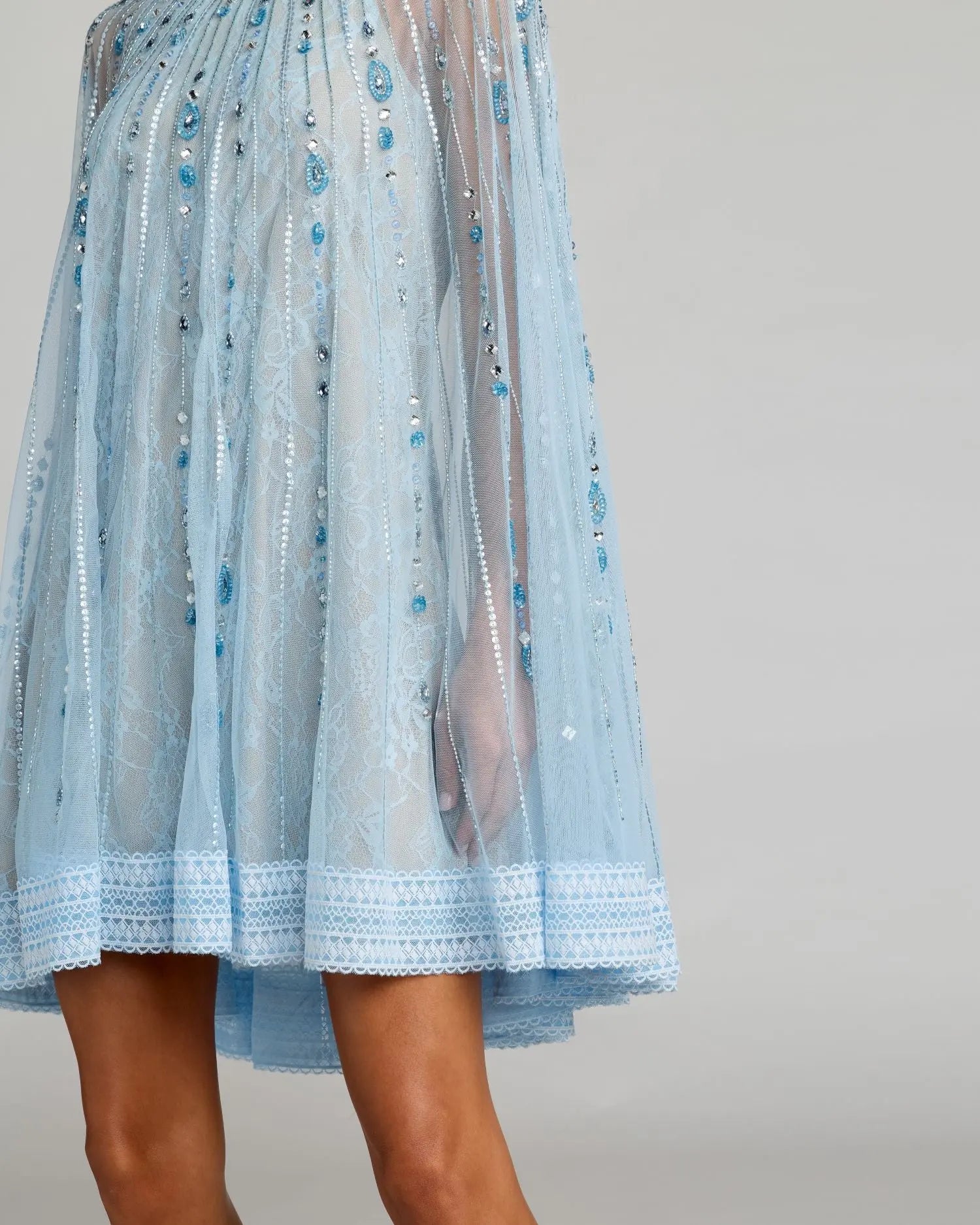 Powder Blue Nude Hand Beaded Lace Trapeze A Line Mini Dress
