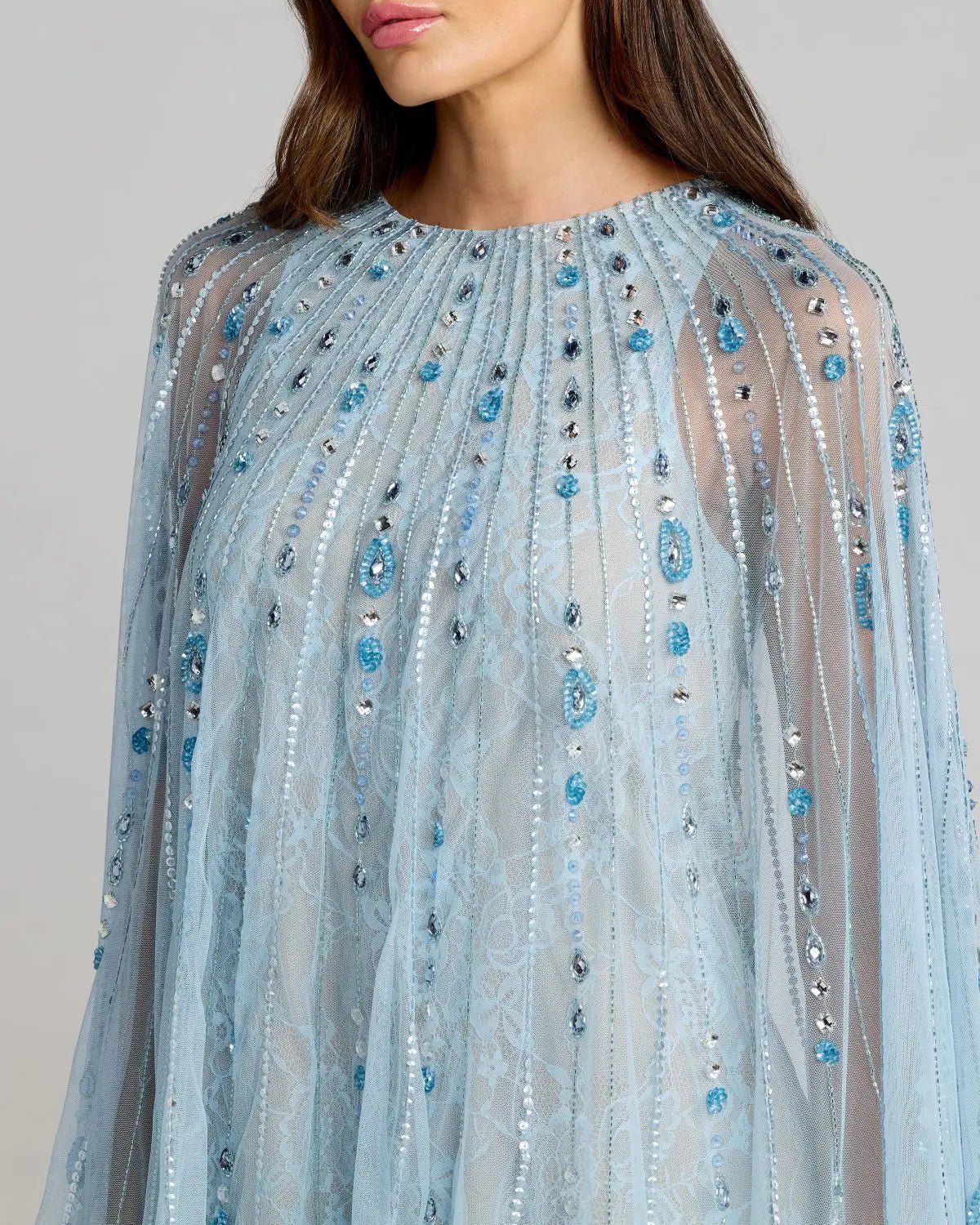 Powder Blue Nude Hand Beaded Lace Trapeze A Line Mini Dress