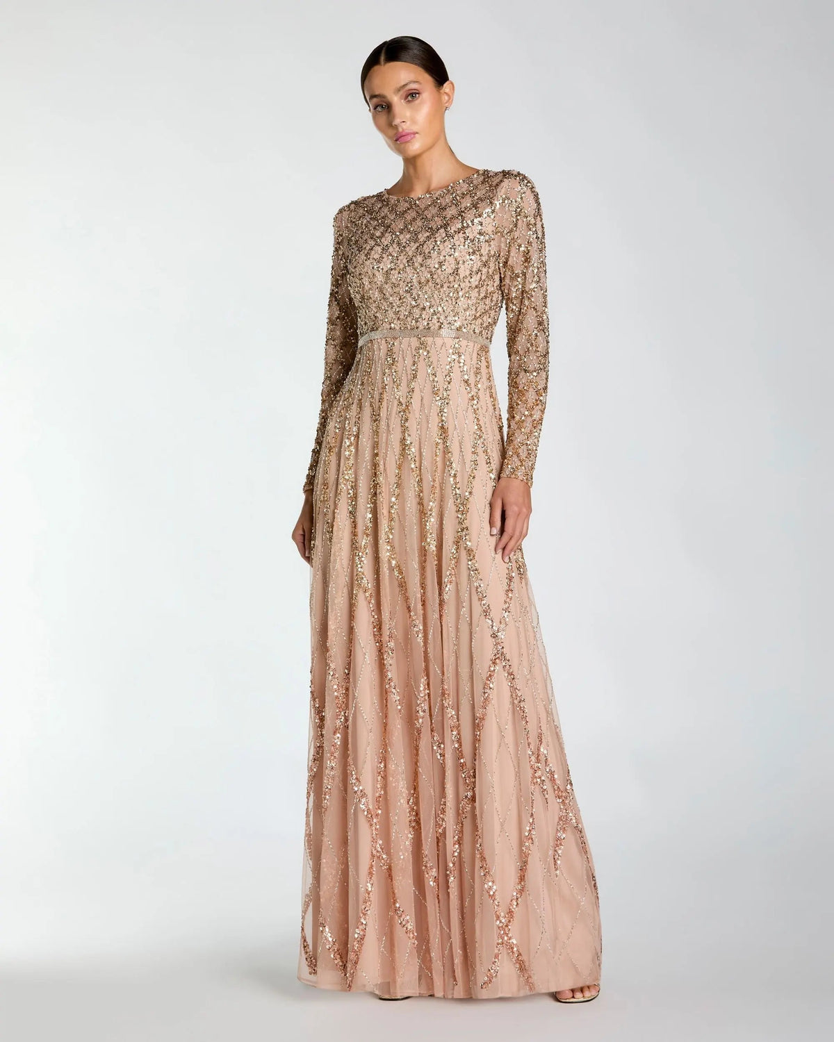 Mac Duggal 6235 Mocha Ombre sequined long sleeve gown - Front