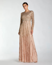 Mac Duggal 6235 Mocha Ombre sequined long sleeve gown - Front