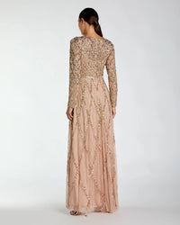 Mac Duggal 6235 Mocha Ombre sequined long sleeve gown - Back view
