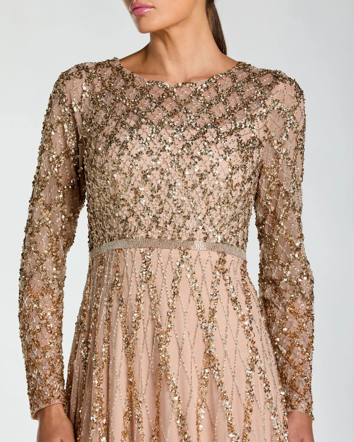 Mac Duggal 6235 Mocha Ombre sequined long sleeve gown - Close up detail