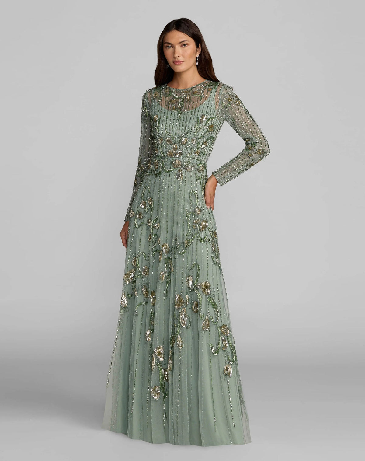 Mac Duggal Green Beaded Long Sleeve A Line Gown Sage #6238
