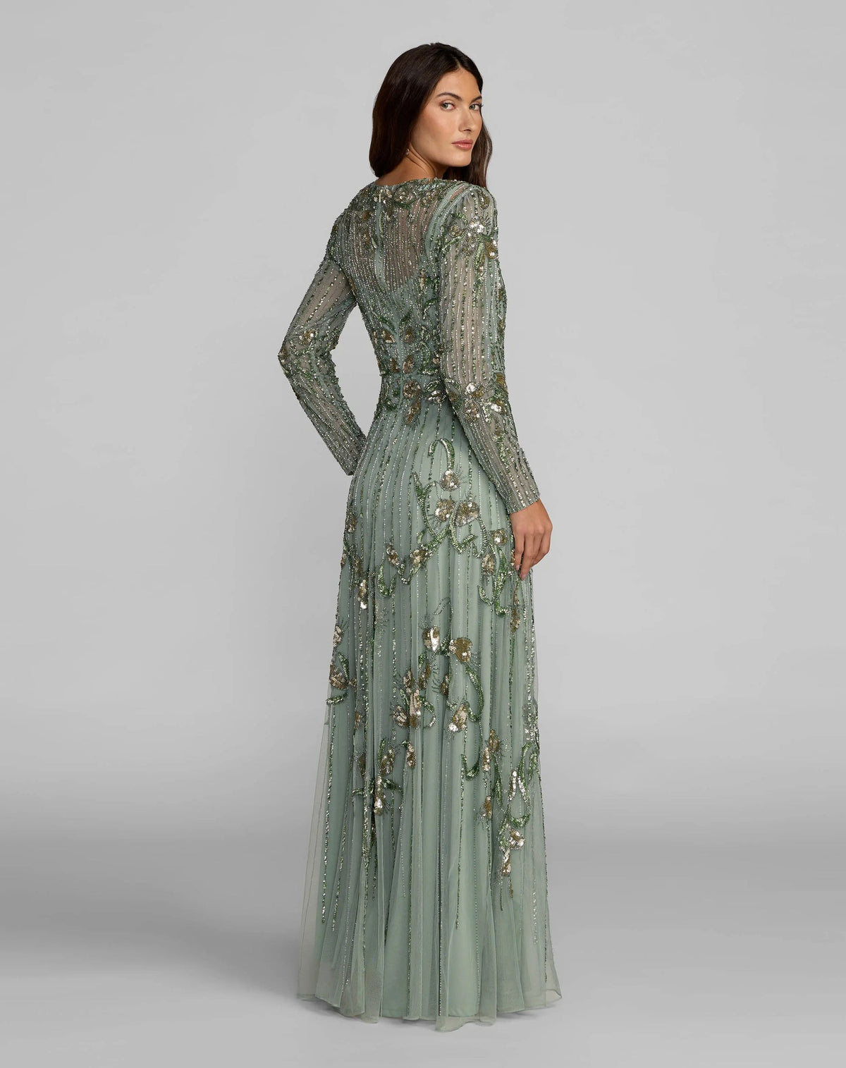 full length back view of model wearing Sage green floral embroidered tulle gown, style 6238, romantic V-neck, floor-length formal dress.