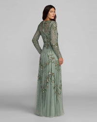 full length back view of model wearing Sage green floral embroidered tulle gown, style 6238, romantic V-neck, floor-length formal dress.