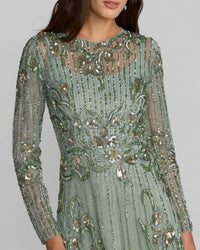 close up of model wearing Sage green floral embroidered tulle gown, style 6238, romantic V-neck, floor-length formal dress.