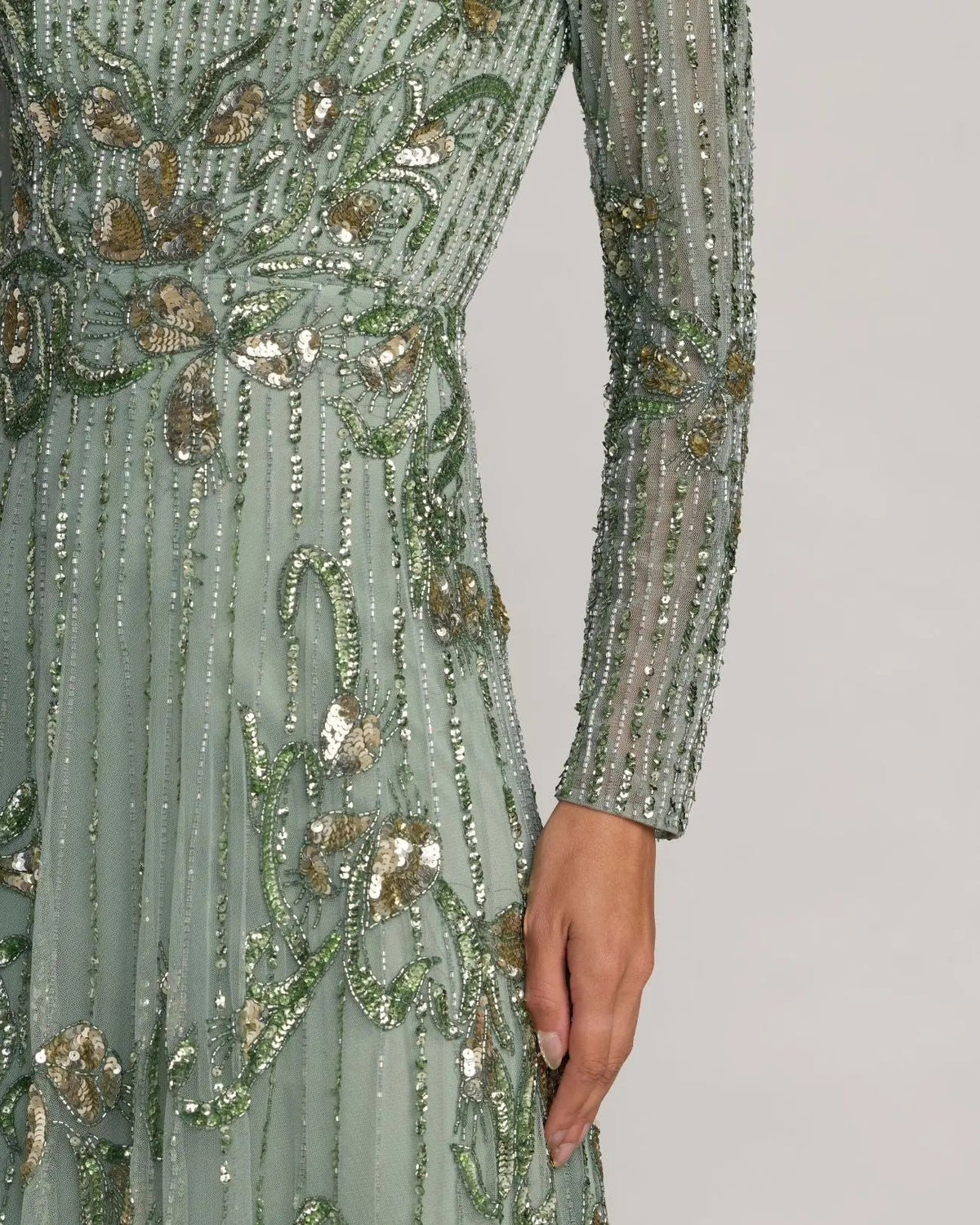 close up of embellished sleeve of Sage green floral embroidered tulle gown, style 6238, romantic V-neck, floor-length formal dress.