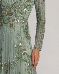 close up of embellished sleeve of Sage green floral embroidered tulle gown, style 6238, romantic V-neck, floor-length formal dress.