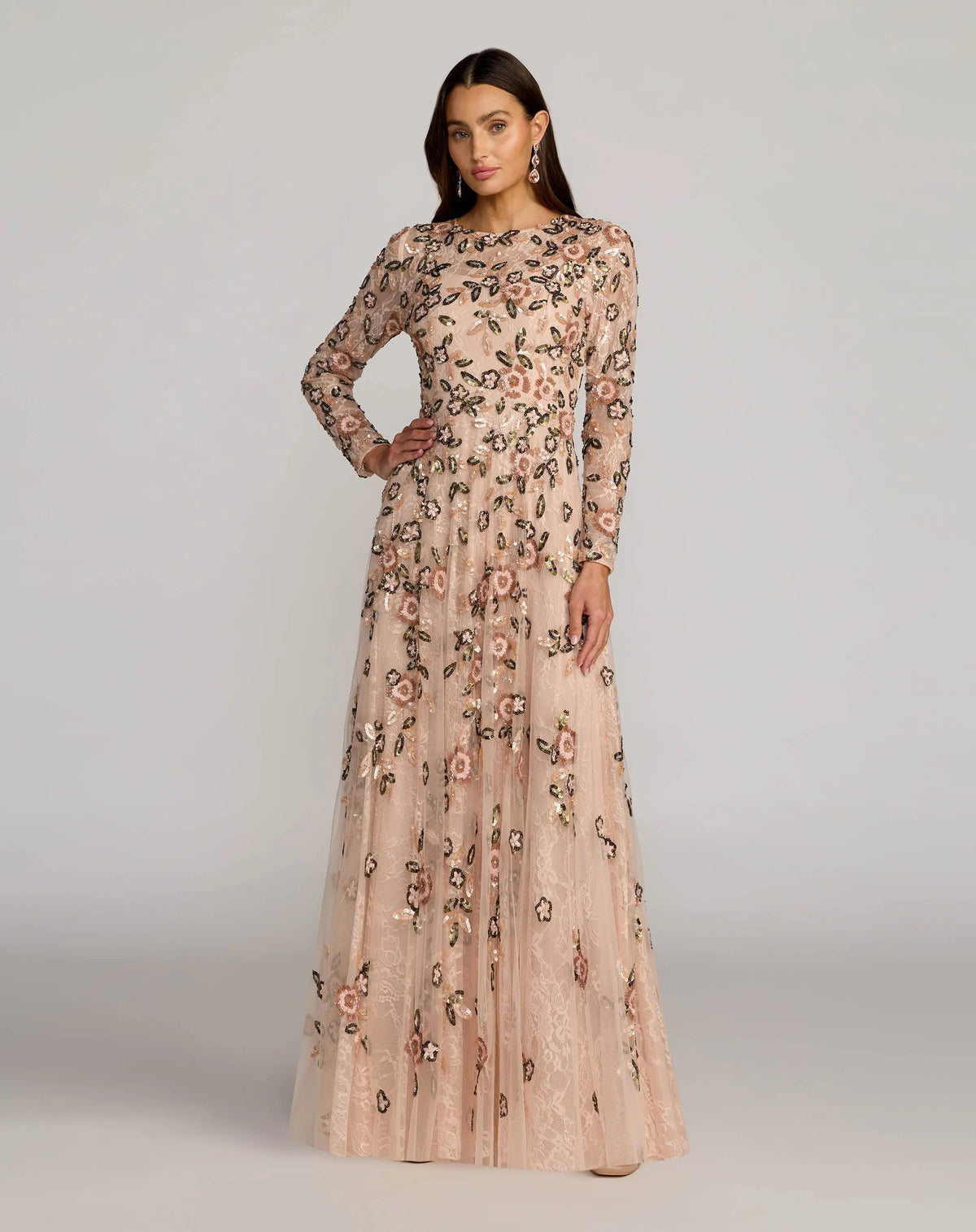 Mac Duggal 6239 Rose Multi embellished lace floral long sleeve A line gown - front