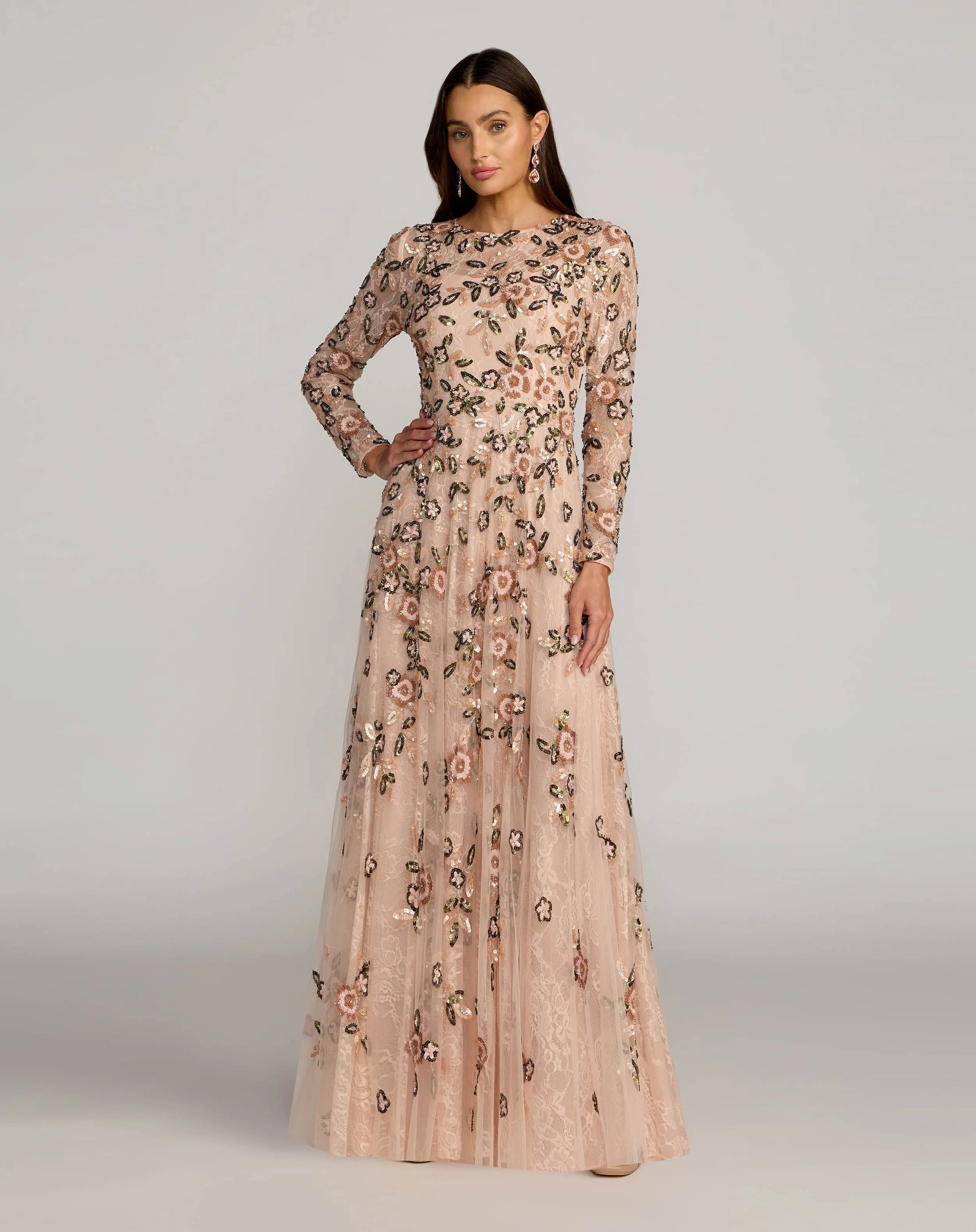 Mac Duggal 6239 Rose Multi embellished lace floral long sleeve A line gown - front