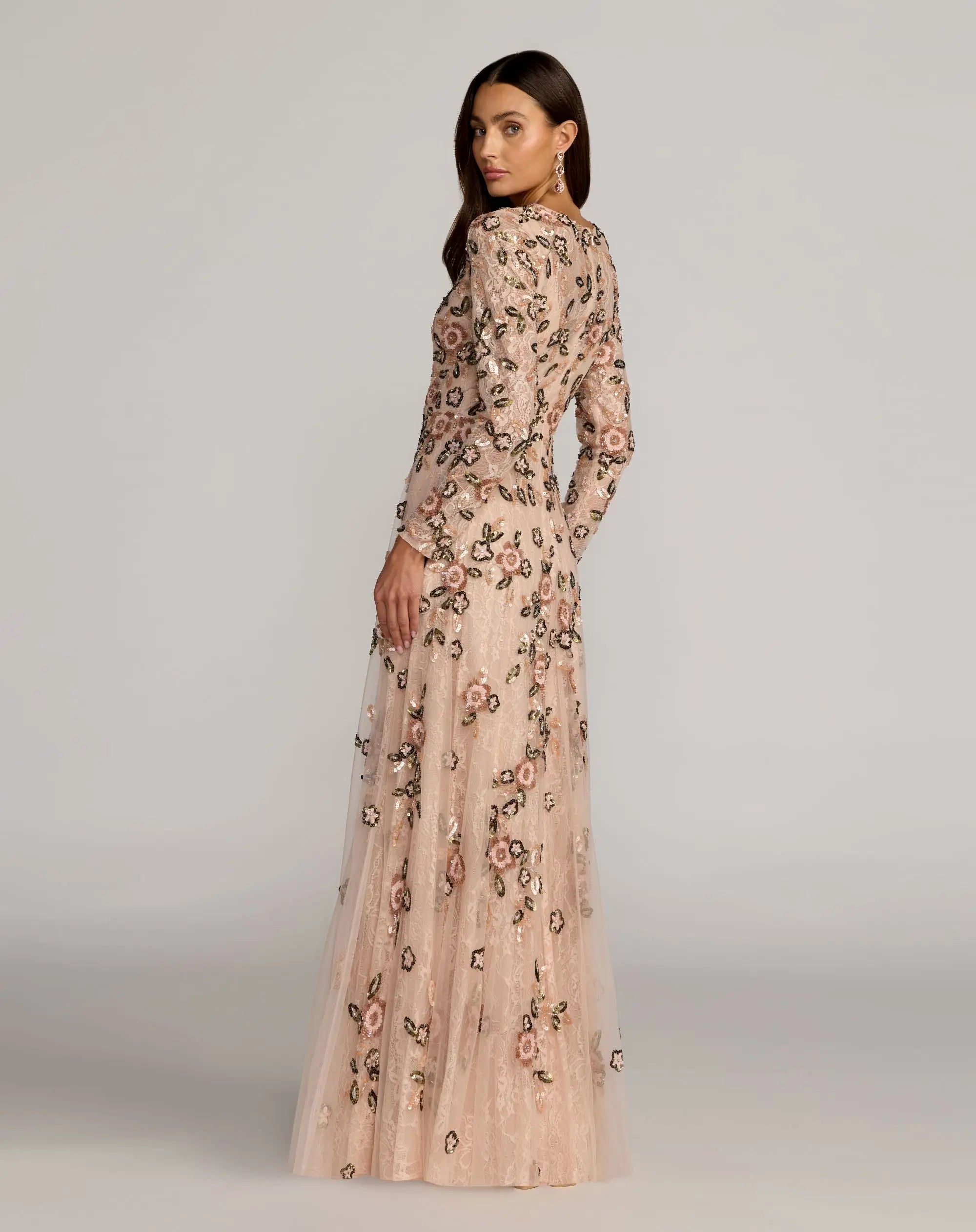 Mac Duggal 6239 Rose Multi embellished lace floral long sleeve A line gown - back