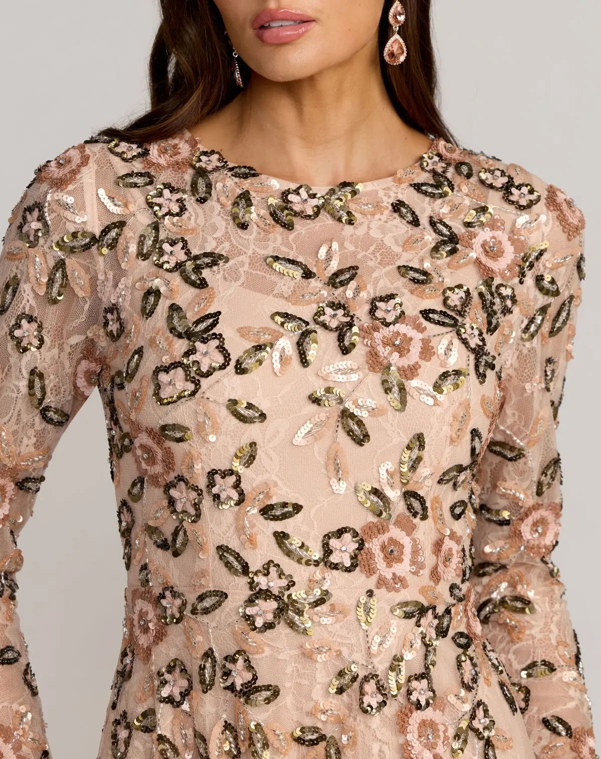 Mac Duggal 6239 Rose Multi embellished lace floral long sleeve A line gown - detail