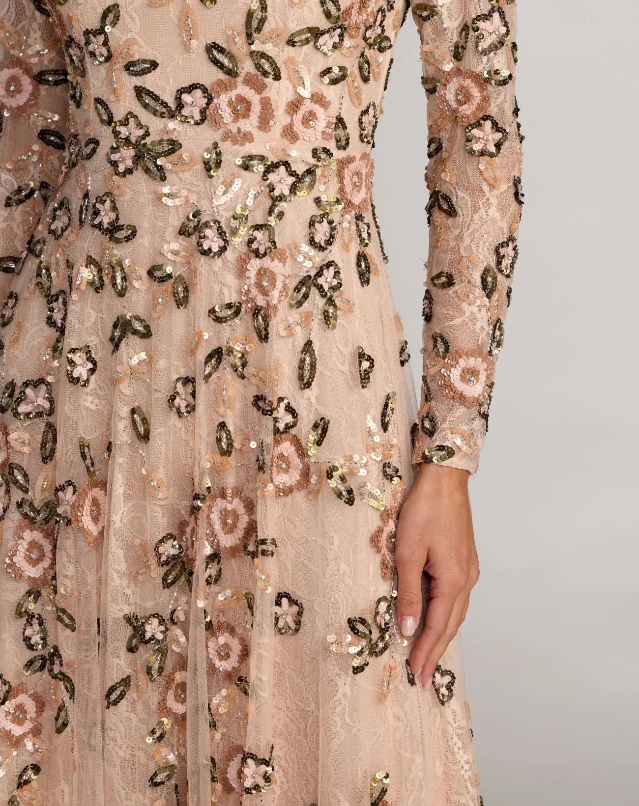 Mac Duggal 6239 Rose Multi embellished lace floral long sleeve A line gown - close-up