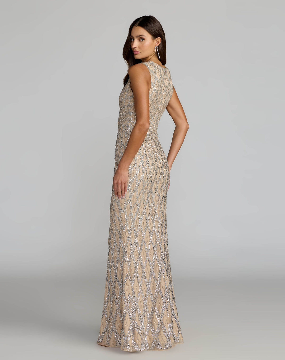 back view of Mac Duggal Style 6249 | Sleeveless Beaded Column Gown in Nude Ombre