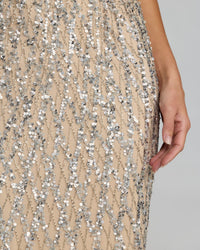 close up of Mac Duggal Style 6249 | Sleeveless Beaded Column Gown in Nude Ombre