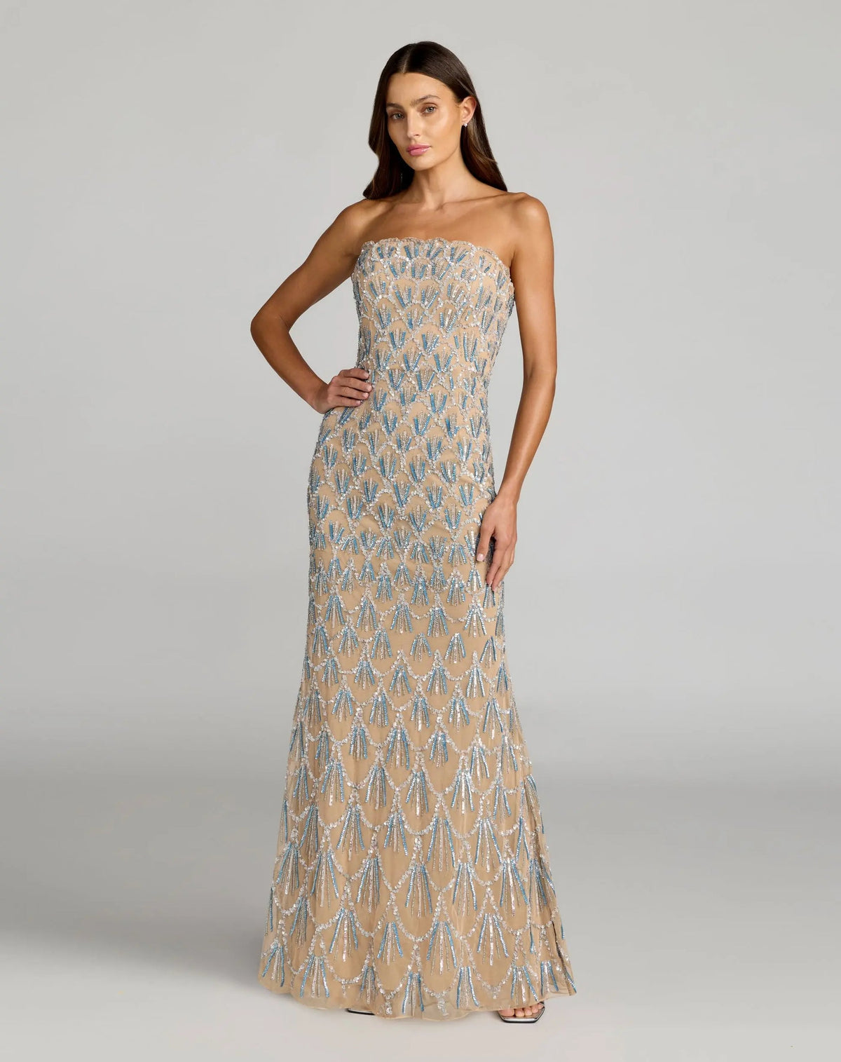 Full length front view of Mac Duggal 6250 strapless hand-embellished evening gown in nude silver