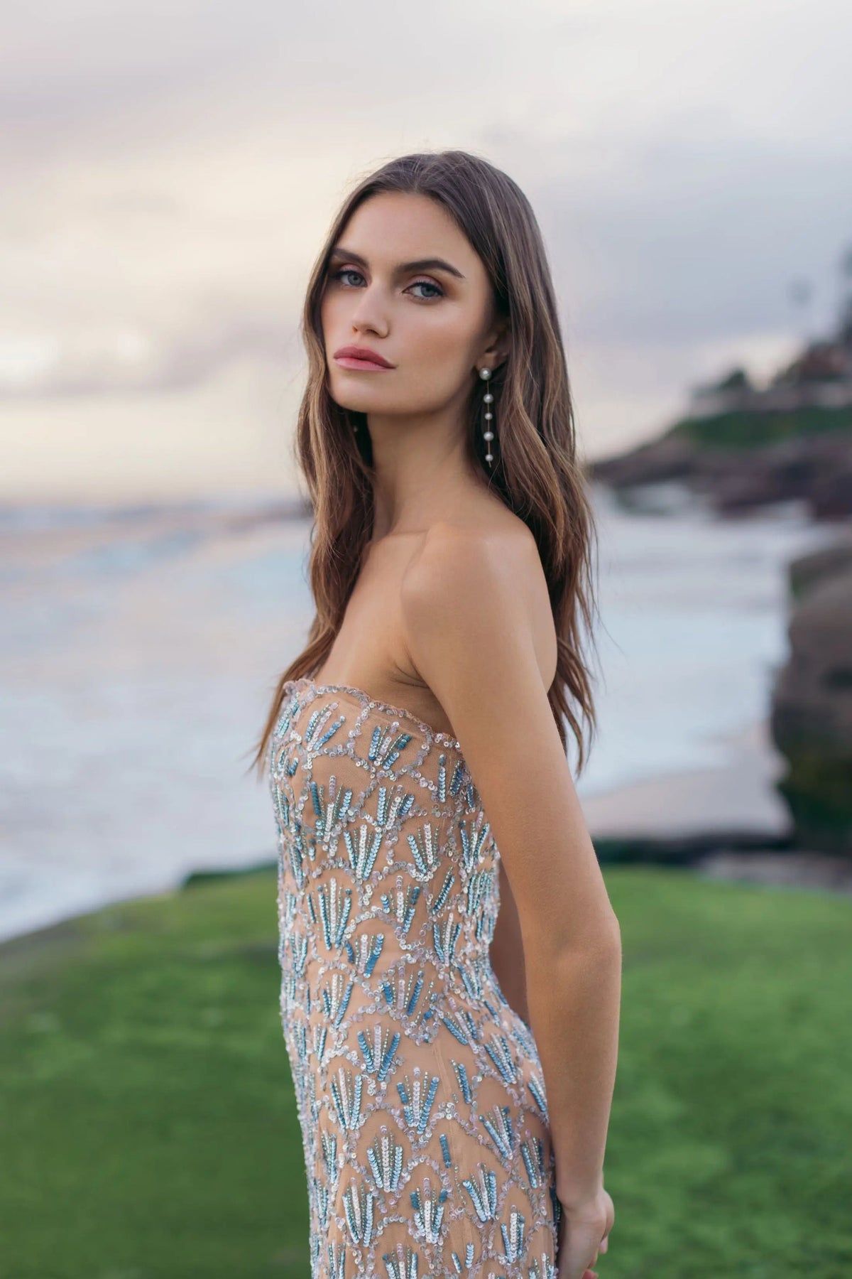 Full length front view of Mac Duggal 6250 strapless hand-embellished evening gown in nude silver