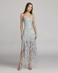 Mac Duggal #6251 Silver Sequin Fringe Midi Dress Nude Silver