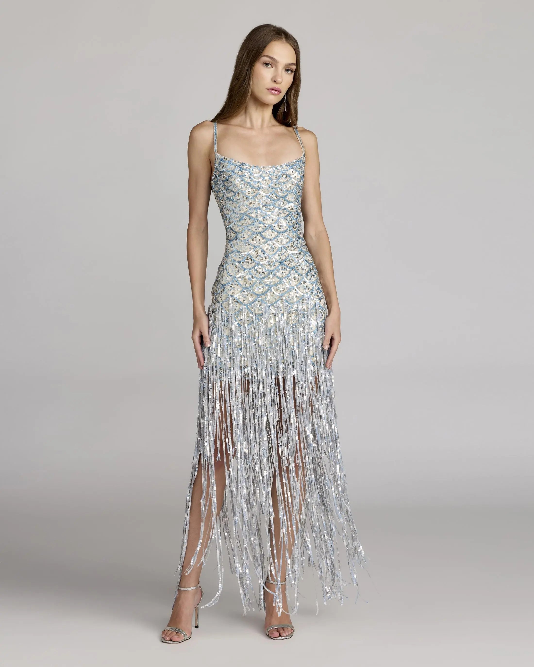 Mac Duggal #6251 Silver Sequin Fringe Midi Dress Nude Silver