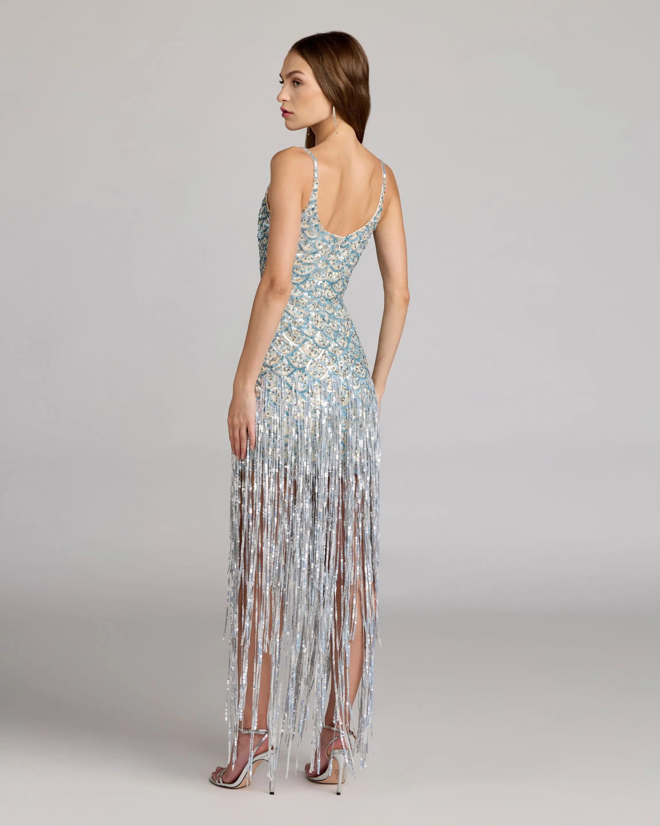 Silver Sequin Fringe Midi Dress - Nude Silver