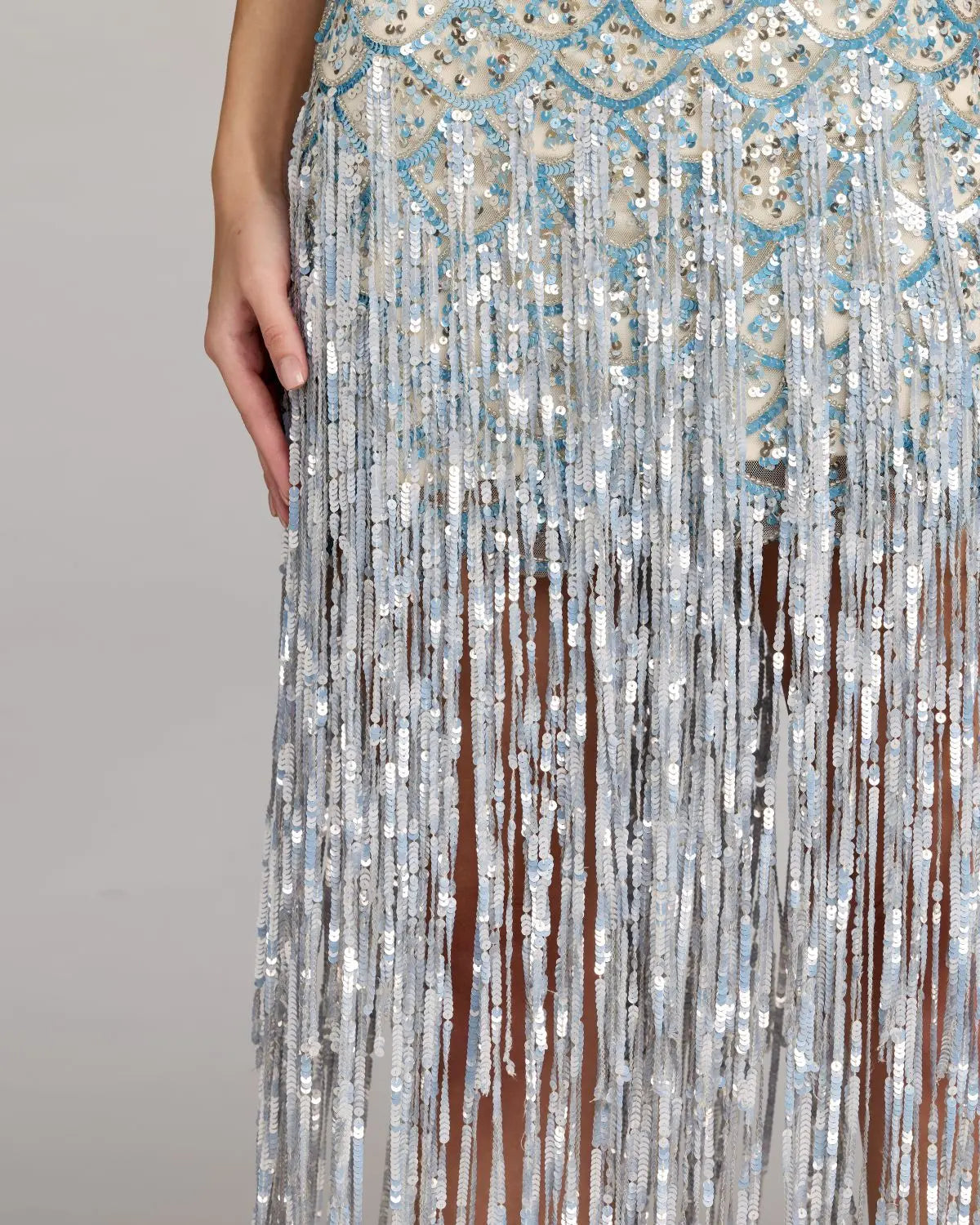 Silver Sequin Fringe Midi Dress - Nude Silver