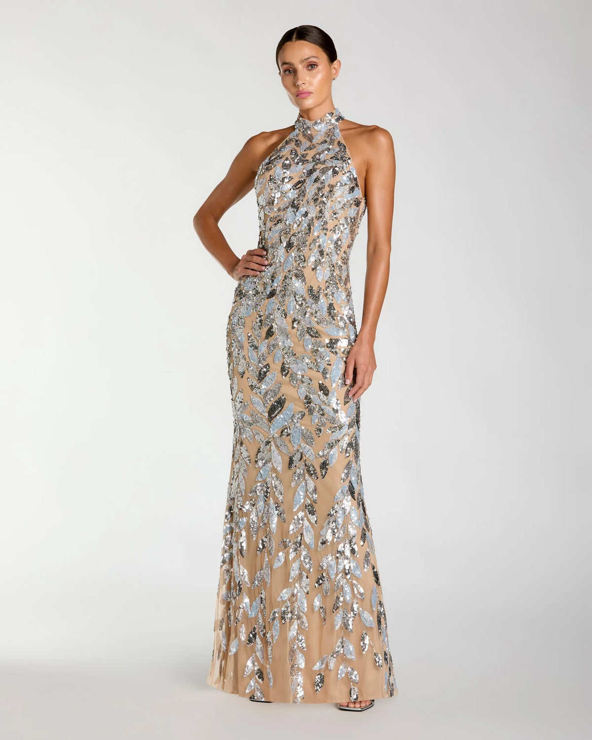Mac Duggal Silver Sequin Halter Backless Column Gown #6252 Silver Nude