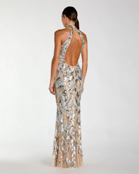 Mac Duggal Silver Sequin Halter Backless Column Gown #6252 Silver Nude