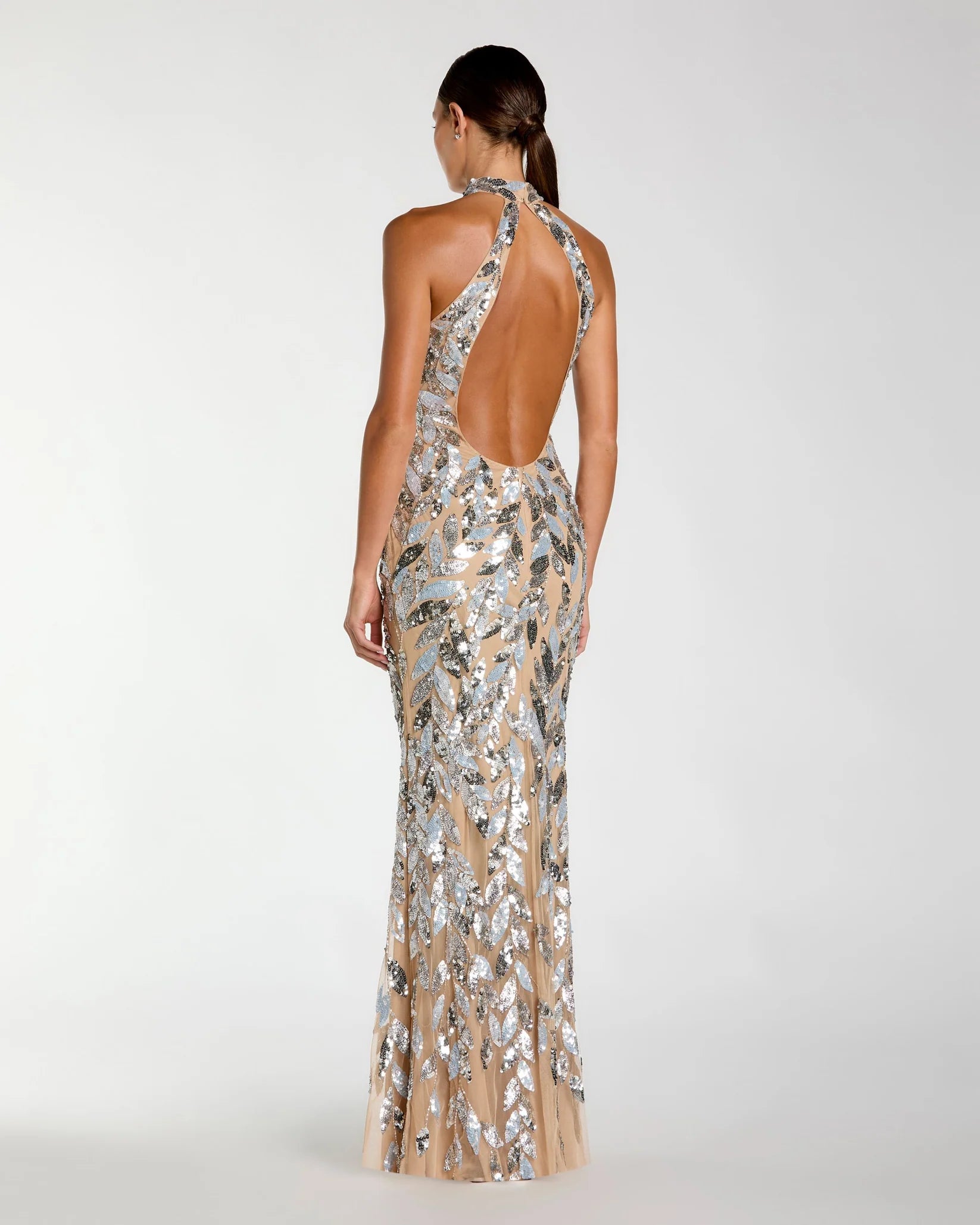 Mac Duggal Silver Sequin Halter Backless Column Gown #6252 Silver Nude