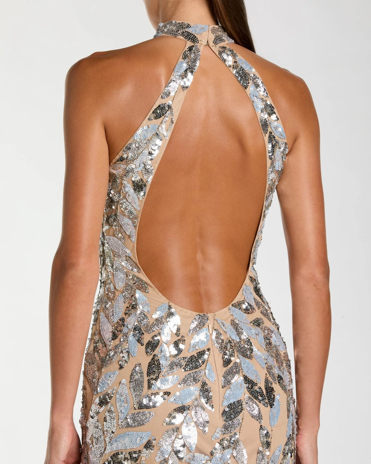 Mac Duggal Silver Sequin Halter Backless Column Gown #6252 Silver Nude