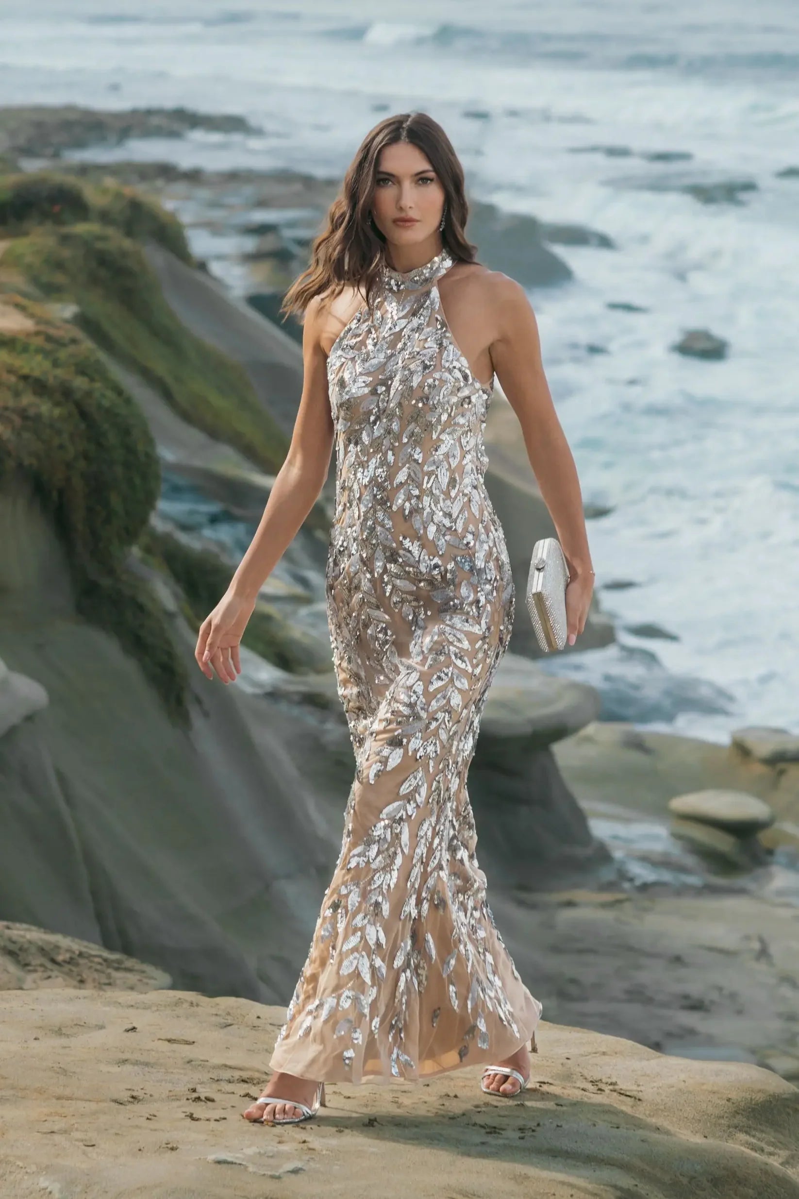 Mac Duggal 6252 Silver sequin halter backless column gown lifestyle shot