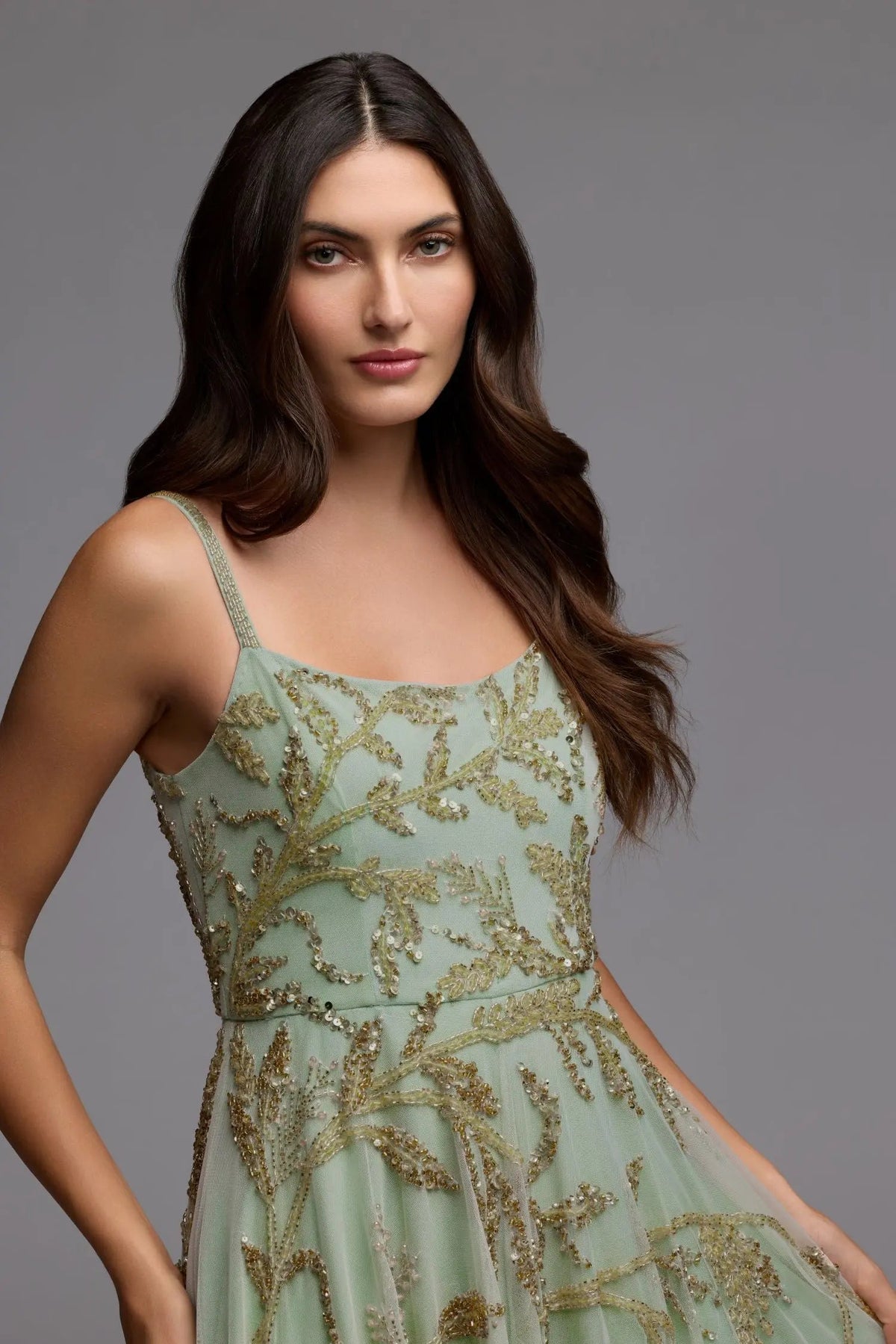 Green and Gold Floral Hand Beaded Midi Dress