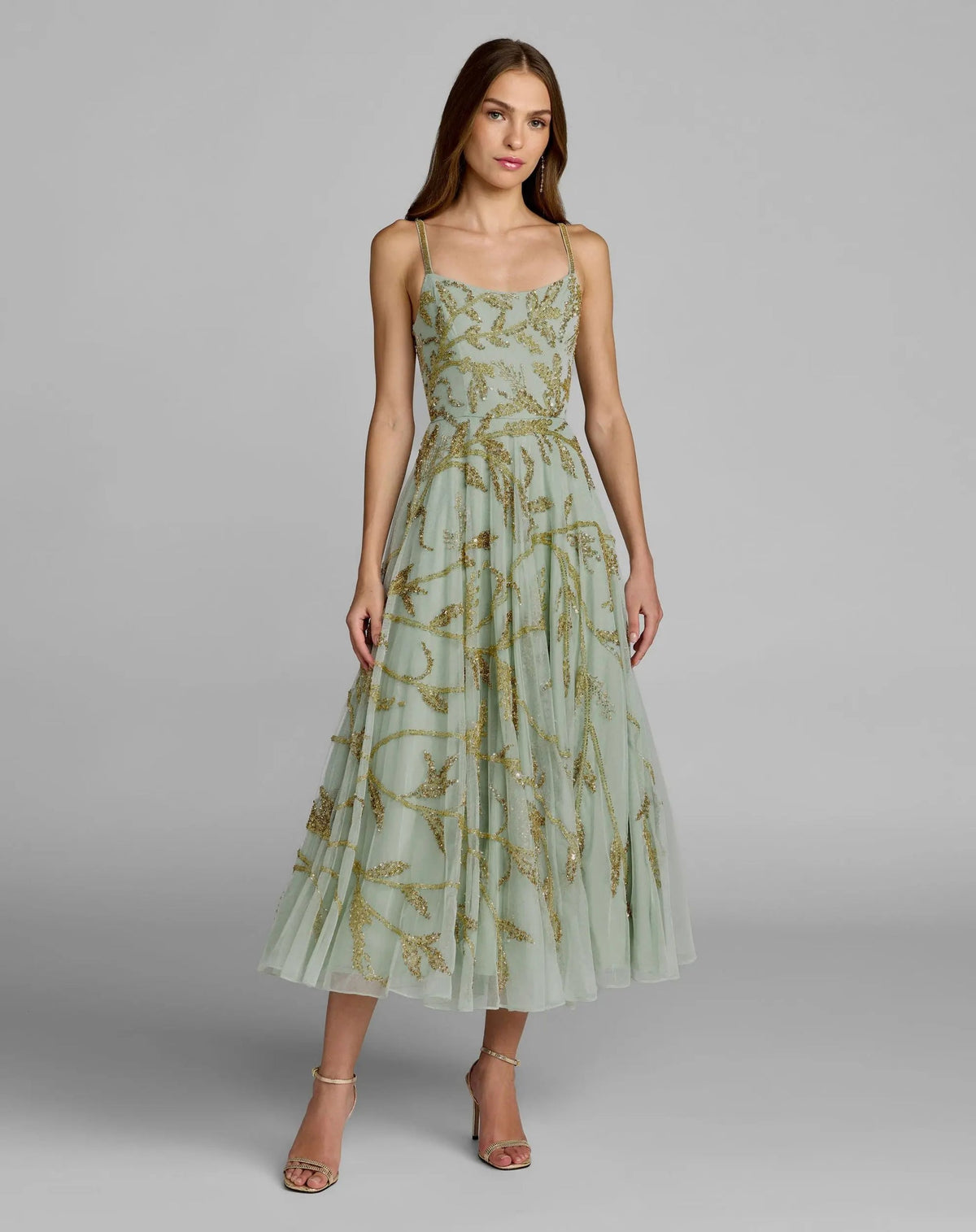 Mac Duggal Green and Gold Floral Hand Beaded Midi Dress 6255