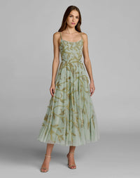 Mac Duggal Green and Gold Floral Hand Beaded Midi Dress 6255