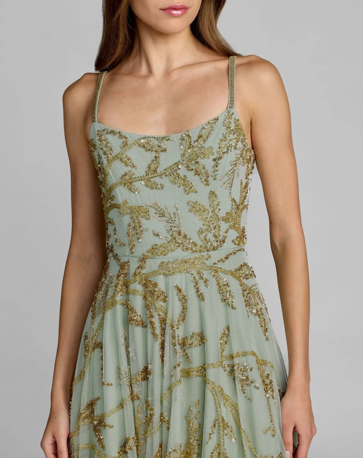 Green and Gold Floral Hand Beaded Midi Dress