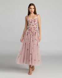 Mac Duggal Rose Pink Floral Hand Embellished Scoop Neck Midi Dress #6256 Vintage Rose Multi