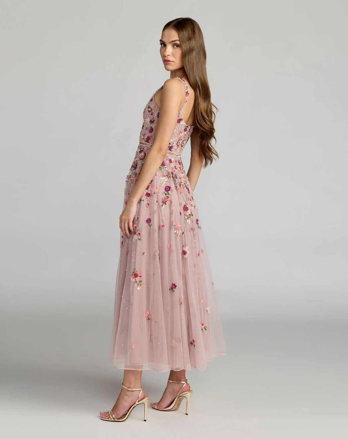 Mac Duggal Rose Pink Floral Hand Embellished Scoop Neck Midi Dress #6256 Vintage Rose Multi