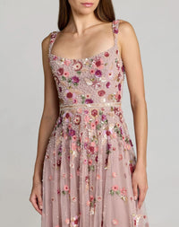 Mac Duggal Rose Pink Floral Hand Embellished Scoop Neck Midi Dress #6256 Vintage Rose Multi