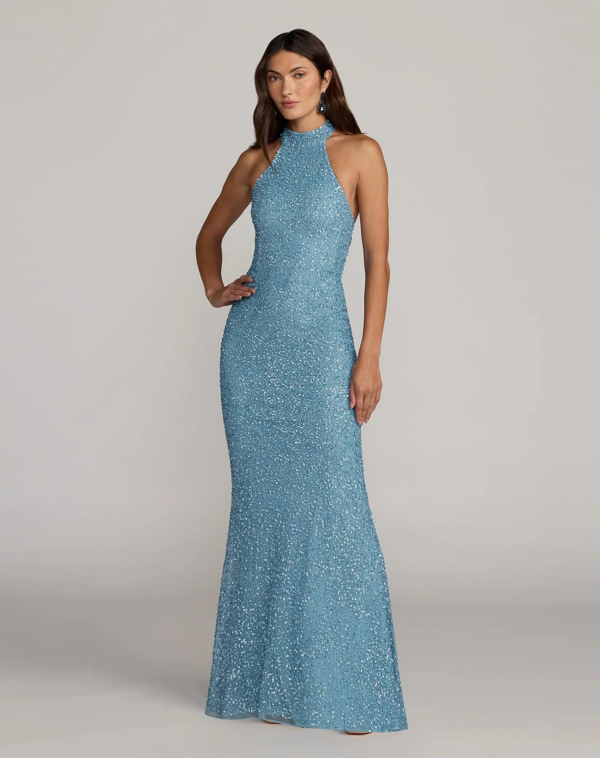 Mac Duggal Ice Blue Sequin Embellished Halter Neck Open Back Column Gown #6259