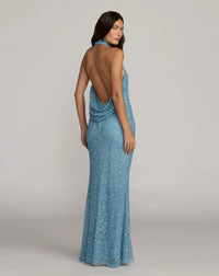 Mac Duggal Ice Blue Sequin Embellished Halter Neck Open Back Column Gown #6259