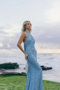 Mac Duggal Ice Blue Sequin Embellished Halter Neck Open Back Column Gown #6259