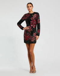 Mac Duggal #6261 black multi floral sequin mini dress front
